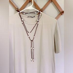 Brown leather and pearl long choker necklace western unique